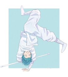 1boy aqua_eyes aqua_hair bandaged_arm bandaged_leg bandages double_bun dynamic_pose full_body grin hair_bun handstand highres holding holding_staff holding_weapon jujutsu_kaisen kashimo_hajime messy_hair one_arm_handstand pants smile solo staff tunic upside-down weapon white_footwear white_pants white_tunic woturz