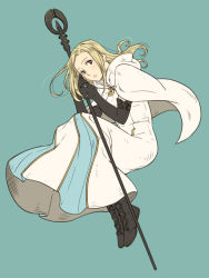 Rule 34 | 1girl, ankh, black footwear, black gloves, blonde hair, blue background, boots, brown eyes, capelet, cleric, cross-laced footwear, dress, elbow gloves, full body, gloves, legs together, looking at viewer, medium hair, octopath traveler, octopath traveler i, open mouth, ophilia (octopath traveler), priestess, shikimiorange, simple background, solo, staff