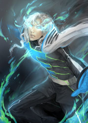 Rule 34 | 10s, 1boy, blue eyes, blue fire, cape, email555, fire, gloves, glowing, glowing eyes, gradient background, highres, long hair, lunatic (tiger &amp; bunny), male focus, realistic, solo, superhero costume, tiger &amp; bunny, white hair, yuri petrov