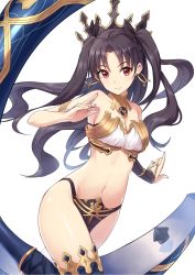 Rule 34 | 1girl, armlet, armpits, asymmetrical gloves, asymmetrical legwear, bad id, bad twitter id, bare arms, bare legs, bare shoulders, black gloves, black hair, black panties, black ribbon, black thighhighs, breasts, bridal gauntlets, cleavage, crown, earrings, elbow gloves, fate/grand order, fate (series), female focus, floating hair, gem, gloves, hair ribbon, highres, hoop earrings, ishtar (fate), jewelry, legs, long hair, looking at viewer, medium breasts, midriff, navel, neck ring, panties, red eyes, revealing clothes, ribbon, sideboob, single elbow glove, single glove, single thighhigh, solo, strapless, tamakaga, thighhighs, thighlet, tohsaka rin, two side up, type-moon, underwear, uneven gloves, uneven legwear, very long hair, weapon, white background