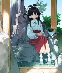 Rule 34 | 1girl, alternate costume, ankle socks, black hair, bowl, closed eyes, closed mouth, collared shirt, detached sleeves, frilled skirt, frilled sleeves, frills, hair tubes, hakurei reimu, highres, japanese clothes, kaigen 1025, kimono, knees together feet apart, long hair, nontraditional miko, own hands together, plant, red skirt, ribbon-trimmed sleeves, ribbon trim, shirt, sidelocks, sitting, skirt, sky, sleeveless, sleeveless kimono, smile, soaking feet, socks, solo, touhou, two side up, water, waterfall, white kimono, white shirt, white socks