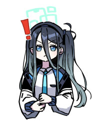 Rule 34 | !, &gt;:(, 1girl, aris (blue archive), black hair, blue archive, blue eyes, blue necktie, closed mouth, collared shirt, commentary request, cropped torso, hair between eyes, halo, jacket, long hair, long sleeves, looking at viewer, mei mu, necktie, one side up, open clothes, open jacket, puffy long sleeves, puffy sleeves, shirt, simple background, solo, upper body, v-shaped eyebrows, very long hair, white background, white jacket, white shirt