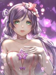 Rule 34 | 10s, 1girl, arm at side, bare shoulders, breasts, choker, elbow gloves, eyelashes, flower, gloves, green eyes, hair flower, hair ornament, hair scrunchie, hairband, lens flare, lipgloss, lma, long hair, looking at viewer, love live!, love live! school idol festival, love live! school idol project, low twintails, medium breasts, parted lips, purple background, purple flower, purple hair, red flower, scrunchie, signature, solo, strapless, striped, striped background, tojo nozomi, twintails, upper body, vertical stripes, white gloves