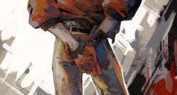 Rule 34 | 1boy, arms behind back, ass, ass focus, belt, bomber jacket, close-up, creamyghost, disco elysium, from behind, gloves, jacket, kim kitsuragi, male focus, orange jacket, out of frame, own hands together, pants, shirt, sleeves rolled up, solo
