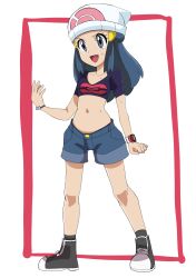 Rule 34 | 1girl, :d, alternate costume, beanie, boots, bracelet, collarbone, commentary request, creatures (company), cropped shirt, dawn (pokemon), eyelashes, full body, game freak, grey eyes, grey shorts, hainchu, hat, highres, jewelry, knees, nintendo, open mouth, pokemon, pokemon (anime), pokemon journeys, poketch, shirt, short sleeves, shorts, smile, socks, solo, standing, sweat, tongue, watch, white background, white hat, wristwatch