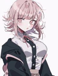 1girl :o animal_bag black_shirt breasts brown_shirt cat_bag danganronpa_(series) danganronpa_2:_goodbye_despair dress_shirt flipped_hair galaga grey_background hair_ornament hairclip highres jacket large_breasts long_sleeves looking_at_viewer medium_hair messy_hair nanami_chiaki neck_ribbon off_shoulder open_mouth patzzi pink_bag pink_eyes pink_ribbon ribbon shirt shirt_tucked_in simple_background sketch skirt solo teeth upper_body upper_teeth_only white_shirt