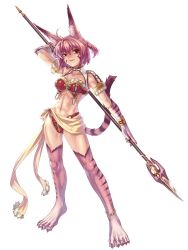 Rule 34 | 1girl, animal ears, blazing souls, cat ears, cat tail, full body, hirano katsuyuki, official art, pink hair, polearm, red eyes, sciora, sciora (blazing souls), short hair, smile, solo, spear, spectral (series), tail, weapon, white background