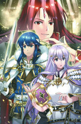 Rule 34 | 1girl, 2boys, absurdres, bare shoulders, blue eyes, blue hair, book, brother and sister, facial mark, fire emblem, fire emblem: genealogy of the holy war, forehead mark, frown, highres, holding, holding book, holding sword, holding weapon, julia (crusader of light) (fire emblem), julia (fire emblem), julius (fire emblem), long hair, maji (majibomber), multiple boys, nintendo, open mouth, purple eyes, purple hair, red eyes, red hair, seliph (fire emblem), seliph (scion of light) (fire emblem), siblings, smile, sword, tyrfing (fire emblem), weapon