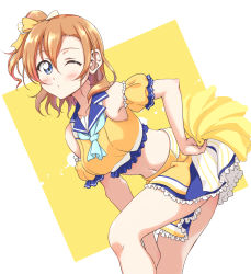 Rule 34 | 1girl, absurdres, bent over, blue eyes, blush, bow, brown hair, cheerleader, closed mouth, collarbone, crop top, detached sleeves, hair between eyes, hair bow, hand on own hip, highres, kosaka honoka, looking at viewer, love live!, love live! school idol project, medium hair, midriff, miniskirt, navel, one eye closed, pom pom (cheerleading), short sleeves, side ponytail, skirt, solo, stomach, striped, striped bow, tetopetesone, two-tone background, white background, white bow, yellow background, yellow bow, yellow sleeves