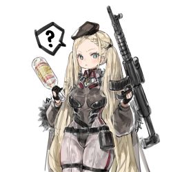 Rule 34 | 1girl, :&lt;, ?, a-545, a-545 (girls&#039; frontline), absurdres, beret, black gloves, black hat, blonde hair, blush, bodysuit, bottle, braid, breasts, closed mouth, fur trim, girls&#039; frontline, gloves, gun, hat, highres, holding, holding bottle, holding gun, holding weapon, kkaebing, long hair, looking at viewer, medium breasts, simple background, solo, spoken question mark, very long hair, weapon, white background