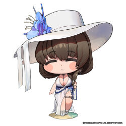 Rule 34 | 1girl, bikini, black hair, blue flower, blush stickers, braid, breasts, chibi, closed eyes, closed mouth, dot nose, earrings, flower, full body, goddess of victory: nikke, hat, hat flower, highres, jewelry, large breasts, light smile, long hair, mary (bay goddess) (nikke), mary (nikke), official alternate costume, official art, solo, standing, swimsuit, thigh gap, thigh strap, thighs, totatokeke, white bikini, white footwear, white hat
