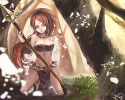 Rule 34 | 1girl, bare shoulders, breasts, cleavage, forest, kneeling, league of legends, long hair, midriff, mirutulove, nature, nidalee, polearm, ponytail, red hair, signature, solo, spear, tree, weapon, yellow eyes