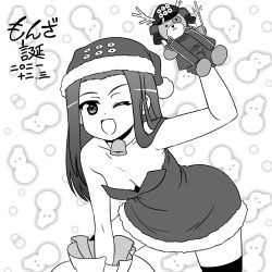 Rule 34 | 1girl, alternate costume, arm up, bare shoulders, bell, birthday, boko (girls und panzer), breasts, character name, choker, christmas, commentary, cowboy shot, dated, downblouse, dress, fur-trimmed dress, fur trim, girls und panzer, greyscale, hat, holding, holding stuffed toy, leaning forward, long hair, looking at viewer, lowres, medium breasts, monochrome, nanashiro gorou, neck bell, one eye closed, open mouth, sack, saemonza (girls und panzer), santa dress, santa hat, short dress, smile, snowman print, solo, standing, straight hair, strapless, strapless dress, stuffed animal, stuffed toy, teddy bear, thighhighs, translated