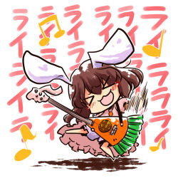 Rule 34 | &gt; &lt;, 1girl, :d, animal ears, brown hair, rabbit ears, carrot, chibi, closed eyes, female focus, guitar, inaba tewi, instrument, musical note, okome (kome kuma), open mouth, smile, solo, standing, standing on one leg, touhou