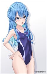 Rule 34 | 1girl, absurdres, blue eyes, blue hair, blue nails, blue one-piece swimsuit, breasts, commentary request, competition swimsuit, covered navel, hand on own hip, highleg, highleg swimsuit, highres, hololive, hoshimachi suisei, long hair, looking at viewer, nail polish, one-piece swimsuit, open mouth, side ponytail, small breasts, solo, standing, star (symbol), star in eye, sterben (sterben dead), swimsuit, symbol in eye, two-tone swimsuit, virtual youtuber