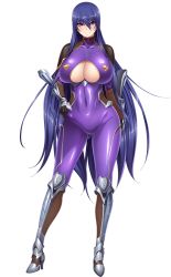 Rule 34 | 1girl, akiyama rinko, aoi nagisa (metalder), armor, blue hair, blush, bodysuit, breasts, cleavage, cleavage cutout, clothing cutout, covered navel, fishnets, full body, hand on own hip, highres, huge breasts, lilith-soft, long hair, looking at viewer, ninja, peliazulyp, purple bodysuit, purple eyes, smile, solo, standing, taimanin (series), taimanin yukikaze, underboob, very long hair, white background