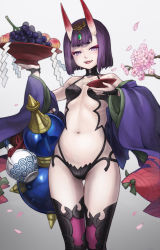 Rule 34 | 1girl, :d, absurdres, bare shoulders, black thighhighs, blunt bangs, blush, breasts, bridal gauntlets, cherry blossoms, cowboy shot, cup, fang, fate/grand order, fate (series), food, fruit, gem, gluteal fold, gourd, gours, gradient background, grapes, grey background, headpiece, highres, holding, holding cup, horns, japanese clothes, kimono, long sleeves, looking at viewer, navel, off shoulder, open clothes, open kimono, open mouth, peach, petals, purple eyes, purple hair, purple kimono, red eyes, sakazuki, shirajira, short hair, shuten douji (fate), skin-covered horns, small breasts, smile, solo, standing, stomach, teeth, thigh gap, thighhighs, thighs, wide sleeves