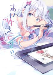 Rule 34 | 1girl, absurdres, adrenaline!!!, aqua eyes, artist name, bow, brand name imitation, closed mouth, clothes writing, collarbone, dated, drawing tablet, eromanga sensei, grey hair, hair bow, heart, highres, izumi sagiri, long hair, looking at viewer, lying, mirrored text, pink bow, scan, selfie, short sleeves, smile, solo, tiv, writing, drawing on fourth wall