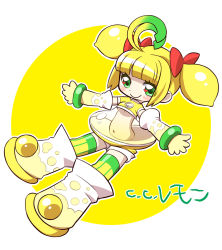 Rule 34 | 1girl, ahoge, blonde hair, blush, blush stickers, boots, bow, breasts, c.c. lemon, c.c. lemon (character), character name, chibi, cleavage, cleavage cutout, clothing cutout, food, fruit, gloves, gradient hair, green eyes, green hair, hair bow, heart, lemon, matching hair/eyes, multicolored hair, navel, see-through, short hair, short twintails, shorts, sidelocks, skirt, smile, solo, striped clothes, striped thighhighs, thighhighs, twintails, umi no tarako, underboob
