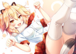 Rule 34 | 10s, 1girl, :d, akashio (loli ace), animal ears, blonde hair, blush, breasts, clenched hands, hair between eyes, kemono friends, lion (kemono friends), lion ears, medium breasts, necktie, open mouth, paw pose, plaid, plaid necktie, plaid neckwear, plaid skirt, pleated skirt, red necktie, red skirt, shirt, short sleeves, skirt, smile, solo, tail, tail censor, thighhighs, white shirt, white thighhighs, yellow eyes