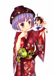 Rule 34 | 2girls, bad id, bad pixiv id, black hair, cnm, floral print, grey horns, holding, horns, japanese clothes, kijin seija, kimono, mallet, mini person, minigirl, miracle mallet, multicolored hair, multiple girls, needle, purple eyes, purple hair, red eyes, role reversal, short hair, size difference, sukuna shinmyoumaru, touhou