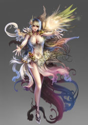 Rule 34 | 1girl, antilous, bare legs, blonde hair, bracelet, breasts, chinese commentary, cleavage, commentary request, flower, full body, glowing, grey background, hair ornament, highres, jewelry, large breasts, legs, lips, long hair, looking at viewer, magic, navel, necklace, original, outstretched arms, outstretched hand, red eyes, shoes, single wing, solo, very long hair, wings