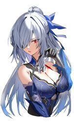 Rule 34 | 1girl, bare shoulders, black gloves, blue hair, blue ribbon, breasts, cleavage, cropped torso, detached sleeves, gloves, gradient hair, grey hair, hair over one eye, highres, honkai: star rail, honkai (series), horn/wood, jingliu (honkai: star rail), large breasts, long hair, looking at viewer, multicolored hair, parted lips, pouring, pouring onto self, red eyes, ribbon, simple background, solo, upper body, white background