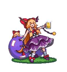 Rule 34 | alcohol, antinomy of common flowers, beer, beer mug, belt, blonde hair, bow, chain, closed eyes, cube, cup, dual persona, footwear bow, gourd, grass, hair bow, holding, holding cup, horn bow, horn ornament, horn ribbon, horns, ibuki suika, long hair, lowres, mini person, minigirl, mug, multiple girls, neckerchief, oni, open mouth, orb, outstretched arm, pixel art, purple footwear, purple skirt, pyramid (geometry), red bow, red neckerchief, ribbon, shirt, shoes, sidelocks, skirt, sleeveless, sleeveless shirt, smile, socks, standing, the hammer (pixiv30862105), torn clothes, torn sleeves, touhou, transparent background, very long hair, white legwear, white shirt, wrist cuffs