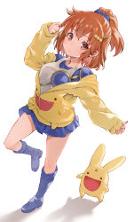 Rule 34 | 1girl, :d, arle nadja, blue footwear, blue skirt, blush, blush stickers, boots, boshi (a-ieba), brown eyes, brown hair, dutch angle, highres, hood, hoodie, knee boots, looking at viewer, open mouth, playing with own hair, puyopuyo, shirt, short hair, short ponytail, skirt, smile, solo, standing, standing on one leg, tank top, white shirt, white tank top, yellow hoodie