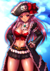 Rule 34 | 10s, 1girl, arm garter, belt, boken fantasy, bow, breasts, bustier, captain liliana, cleavage, coat, frills, hands on own hips, hat, jolly roger, lingerie, midriff, miniskirt, navel, pink eyes, pink hair, pirate hat, pleated skirt, queen&#039;s blade, queen&#039;s blade rebellion, skirt, skull and crossbones, skull and crossed swords, smile, solo, thighs, underwear