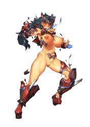 Rule 34 | 1girl, armor, armpits, black hair, blush, breasts, broken armor, censored, closed mouth, embarrassed, feet, female focus, fighting stance, floating hair, full body, game cg, groin, hands up, headgear, highres, large breasts, legs, legs apart, long hair, looking down, maou to shugo kishi, melon22, mosaic censoring, nipples, no bra, no panties, original, pussy, red eyes, solo, standing, thighs, transparent background