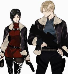 Rule 34 | 1boy, 1girl, ada wong, belt buckle, black footwear, black gloves, black hair, black jacket, black pantyhose, blonde hair, blue skirt, boots, buckle, closed mouth, commentary request, cowboy shot, fingerless gloves, fur-trimmed jacket, fur trim, gloves, hair behind ear, harness, height difference, highres, holding, holding weapon, holster, jacket, leon s. kennedy, long sleeves, looking at another, looking to the side, meow (cindy738), open clothes, pantyhose, red lips, red sweater, resident evil, resident evil 4, resident evil 4 (remake), ribbed sweater, short hair, shoulder holster, skirt, sweater, swept bangs, thigh boots, turtleneck, turtleneck sweater, weapon, white background