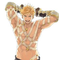 Rule 34 | 1boy, abs, adapted costume, arms behind back, backlighting, belt, blonde hair, brown gloves, brown pants, collarbone, gauntlets, gloves, granblue fantasy, green eyes, groin, hakui ami, highres, hot limit, looking at viewer, male focus, navel, nipples, pants, simple background, solo, toned, toned male, upper body, vane (granblue fantasy), white background