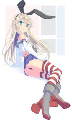 Rule 34 | 10s, 1girl, alternate eye color, aqua eyes, blonde hair, changaa, crop top, elbow gloves, gloves, hairband, highres, kantai collection, long hair, looking at viewer, microskirt, open mouth, school uniform, serafuku, shimakaze (kancolle), skirt, striped clothes, striped thighhighs, thighhighs