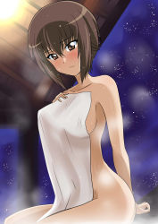 Rule 34 | 1girl, absurdres, arm behind back, blush, breasts, brown eyes, brown hair, closed mouth, commentary request, covering privates, frown, girls und panzer, hand on own chest, highres, holding, holding towel, looking at viewer, medium breasts, naked towel, night, night sky, nishizumi maho, nude cover, onsen, short hair, sitting, sky, solo, star (sky), starry sky, steam, towel, wakku kan, wet