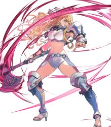 Rule 34 | 1girl, arm guards, armor, armpits, axe, battle axe, bikini armor, blonde hair, blue eyes, bow, breasts, charlotte (fire emblem), cleavage, feet, female focus, fire emblem, fire emblem fates, fire emblem heroes, full body, hair bow, hair ornament, high heels, highres, holding, holding axe, holding weapon, large breasts, long hair, midriff, navel, nintendo, official art, sandals, short shorts, shorts, shoulder armor, sleeveless, solo, toes, tongue, tongue out, transparent background, weapon, yoshihisa