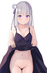 Rule 34 | 1girl, absurdres, alternate costume, artist name, bad id, bad pixiv id, bare arms, bare shoulders, black dress, blush, braid, breasts, cleavage, cleft of venus, closed mouth, clothes lift, collarbone, cowboy shot, dress, dress lift, embarrassed, emilia (re:zero), flower, hair flower, hair ornament, hair ribbon, highres, lifting own clothes, long hair, looking at viewer, medium breasts, navel, no panties, pointy ears, purple eyes, pussy, re:zero kara hajimeru isekai seikatsu, ribbon, sakuramx, silver hair, simple background, solo, standing, sweatdrop, uncensored, white background