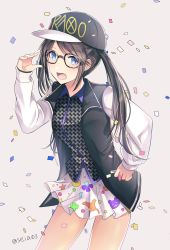 Rule 34 | 1girl, :d, baseball cap, black-framed eyewear, blue eyes, brown hair, confetti, glasses, hand on own hip, hand up, hat, highres, idolmaster, idolmaster shiny colors, jacket, mitsumine yuika, open mouth, seia (tikxxx), skirt, smile, solo, standing, twintails, twitter username, vest, white skirt