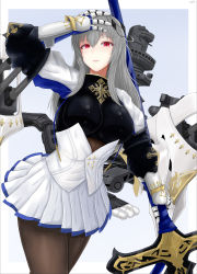 Rule 34 | 1girl, archstreal, armor, azur lane, bodystocking, breastplate, breasts, cannon, corset, diamond (shape), fleur-de-lis, gauntlets, grey hair, hand on own head, highres, holding, holding polearm, holding spear, holding weapon, left-handed, long hair, looking at viewer, medium breasts, mole, mole under eye, pleated skirt, polearm, polearm behind back, red eyes, saint-louis (azur lane), simple background, skirt, solo, spear, torpedo, unitard, weapon, white skirt