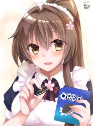 Rule 34 | 1girl, absurdres, alternate costume, apron, blush, box, breasts, brown eyes, brown hair, cherry blossoms, cookie, food, frills, hair between eyes, highres, kantai collection, large breasts, long hair, looking at viewer, maid, maid apron, maid headdress, mashiro yukiya, one-hour drawing challenge, open mouth, oreo, ponytail, simple background, smile, solo, twitter username, white background, yamato (kancolle)