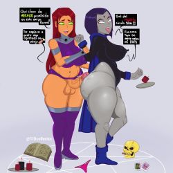 Rule 34 | 1girl, 2girls, alien, ass, assisted exposure, breasts, buttjob, dc comics, futanari, hairy, highres, huge ass, huge breasts, large breasts, latex, leotard, multiple girls, penis, pubic hair, rachel roth, raven (dc), red hair, short hair, starfire, teen titans, testicles, thick thighs, thighhighs, thighs, wide hips