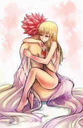 Rule 34 | 1boy, 1girl, affectionate, artist name, barefoot, bed sheet, blonde hair, blush, breasts, cleavage, closed eyes, collarbone, couple, fairy tail, girl on top, happy sex, hetero, highres, hug, leg lock, leonstar, long hair, lucy heartfilia, medium breasts, natsu dragneel, nude, pink hair, see-through, sex, smile, spiked hair, straddling, tattoo, thighs, upright straddle