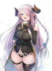 Rule 34 | 10s, 1girl, :d, bare shoulders, black gloves, black panties, black thighhighs, blue eyes, braid, breasts, coat, curvy, draph, elbow gloves, female focus, gloves, granblue fantasy, hair ornament, hair over one eye, highres, horns, large breasts, light purple hair, long hair, narmaya (granblue fantasy), no pants, open clothes, open coat, open mouth, panties, pointy ears, shirt, silver hair, single thighhigh, smile, solo, taishi (picchiridou), teeth, thick thighs, thighhighs, thighs, underwear, very long hair, wide hips