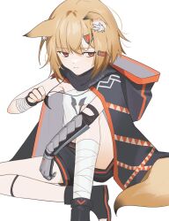 Rule 34 | 1girl, animal ear fluff, animal ears, arknights, bandaged arm, bandaged leg, bandages, black footwear, black shorts, blonde hair, boots, cloak, closed mouth, frown, gauntlets, highres, hood, hood down, hooded cloak, inu to milk, jewelry, knee up, looking at viewer, orange eyes, pendant, shirt, short hair, short shorts, shorts, simple background, single gauntlet, sitting, solo, strapless, strapless shirt, twitter username, vermeil (arknights), white background, white shirt
