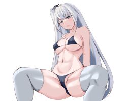 Rule 34 | 1girl, alternate costume, bikini, black bikini, breasts, closed mouth, collarbone, fuyutsuki (kancolle), grey eyes, grey hair, grey thighhighs, groin, headgear, highres, invisible chair, kantai collection, long hair, medium breasts, navel, one side up, sitting, solo, sora (sora clear sky), spread legs, string bikini, swimsuit, thighhighs, very long hair, white background