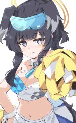 Rule 34 | 1girl, absurdres, animal ears, black hair, blue archive, bracelet, breasts, cheerleader, cleavage, commentary request, detached collar, dog ears, dog girl, dog tail, facial tattoo, goggles, goggles on head, grey eyes, halo, hand on own hip, hibiki (blue archive), hibiki (cheer squad) (blue archive), highres, holding, holding pom poms, jewelry, long hair, looking at viewer, medium breasts, melerdon, millennium cheerleader outfit (blue archive), navel, pleated skirt, pom pom (cheerleading), pom poms, ponytail, sidelocks, simple background, skirt, sleeveless, solo, stomach, tail, tattoo, white background