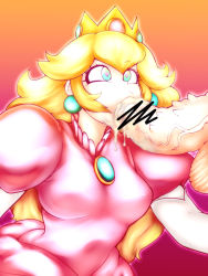 Rule 34 | 1boy, 1girl, blonde hair, blue eyes, breasts, brooch, censored, crown, cum, cum in mouth, dress, earrings, elbow gloves, erection, eyelashes, fellatio, gloves, gradient background, gradient outline, heart, heart-shaped pupils, huge penis, ikayaki (ikayaki4), jewelry, large testicles, lips, long hair, mario (series), medium breasts, nintendo, nose, nostrils, oral, out of frame, outline, penis, pink dress, pink outline, princess, princess peach, puffy short sleeves, puffy sleeves, purple background, shiny clothes, short sleeves, spiked penis, super mario bros. 1, symbol-shaped pupils, testicles, upper body, veins, veiny penis, white gloves, white outline, yellow background