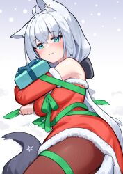 Rule 34 | 1girl, ahoge, animal ears, blue eyes, blush, box, breasts, brown pantyhose, christmas, commentary request, deaver, detached sleeves, dress, fox ears, fox girl, fox tail, fur-trimmed dress, fur-trimmed sleeves, fur trim, gift, gift box, green ribbon, highres, holding, holding gift, hololive, long hair, looking at viewer, lying, medium breasts, on side, pantyhose, ribbon, santa dress, shirakami fubuki, snow, solo, tail, virtual youtuber, white hair