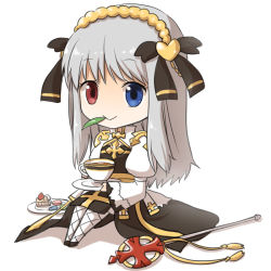 Rule 34 | 1girl, arch bishop (ragnarok online), black bow, black footwear, blue eyes, bow, cake, chibi, cleavage cutout, closed mouth, clothing cutout, commentary request, crosier, cross, cup, dress, fishnet thighhighs, fishnets, food, full body, grey hair, hair bow, hairband, heart, heterochromia, holding, holding plate, juliet sleeves, leaf, long hair, long sleeves, looking at viewer, mouth hold, natsuya (kuttuki), plate, puffy sleeves, ragnarok online, red eyes, sash, shoes, simple background, sitting, smile, solo, stalk in mouth, tea, teacup, thighhighs, two-tone dress, white background, white dress, white thighhighs, yellow hairband, yellow sash
