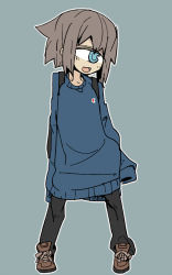 Rule 34 | 1girl, :d, backpack, bag, blue eyes, cyclops, female focus, flat color, full body, hands in opposite sleeves, highres, monster girl, one-eyed, open mouth, original, oversized clothes, simple background, sleeves past wrists, smile, solo, standing, sweater, tomatojam